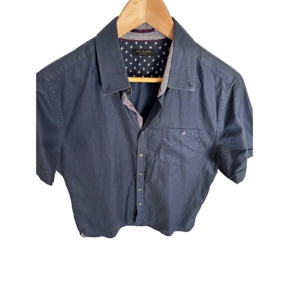 Ted Baker Button Up Size Medium Navy Shirt Short Sleeve EUC Cotton - Picture 5 of 7